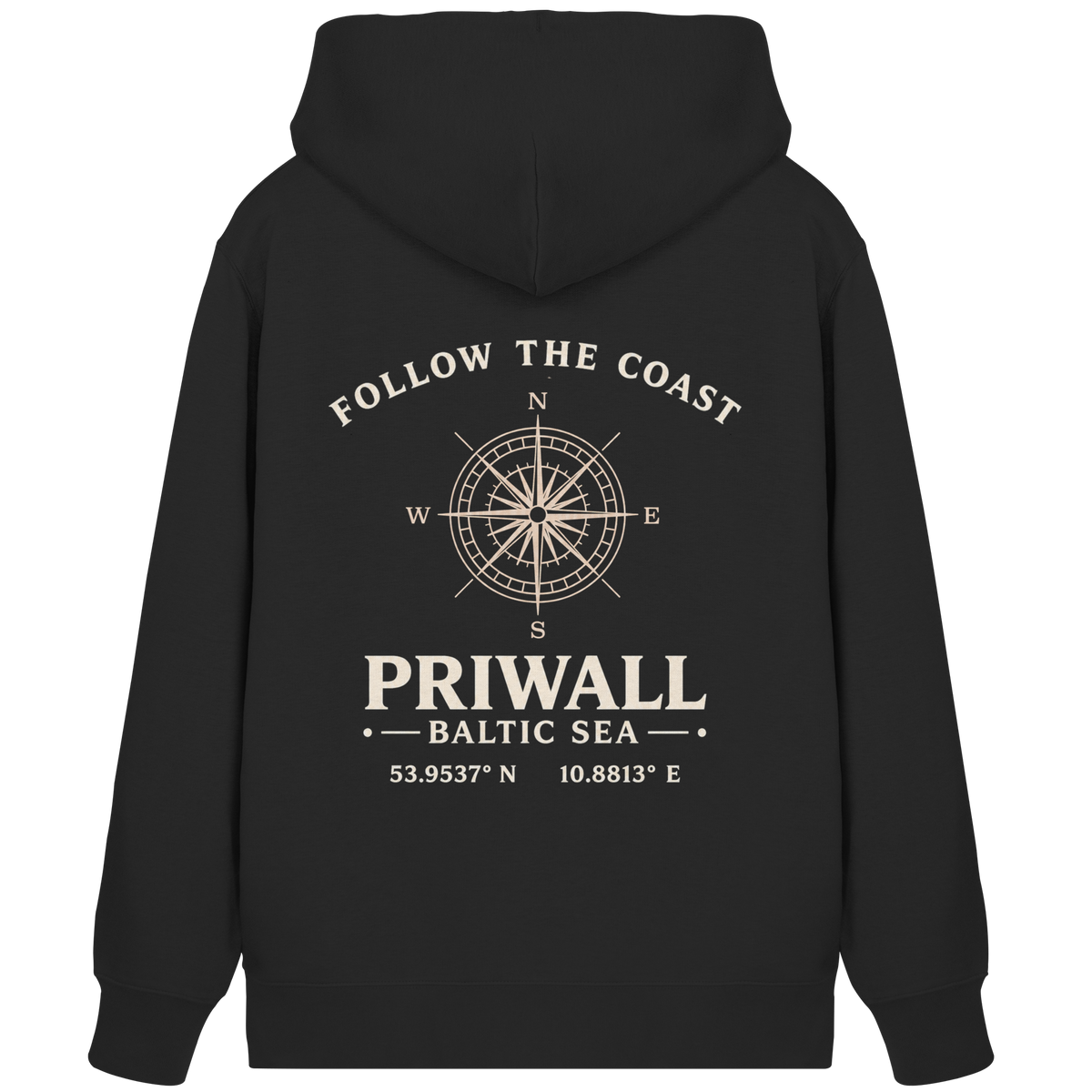 Schwarze Priwall Follow the Coast Bio-Kapuzenjacke mit maritimem Rückenmotiv