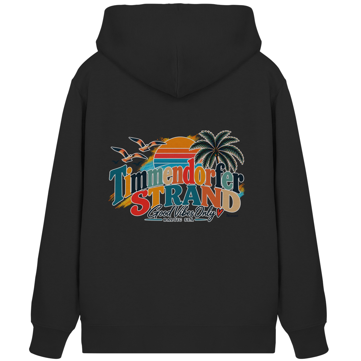 Unisex-Zipper-Kapuzenjacke in Schwarz – Originalmockup der Rückseite mit Timmendorfer-Strand-Good-Vibes-Only-Rückenprint.