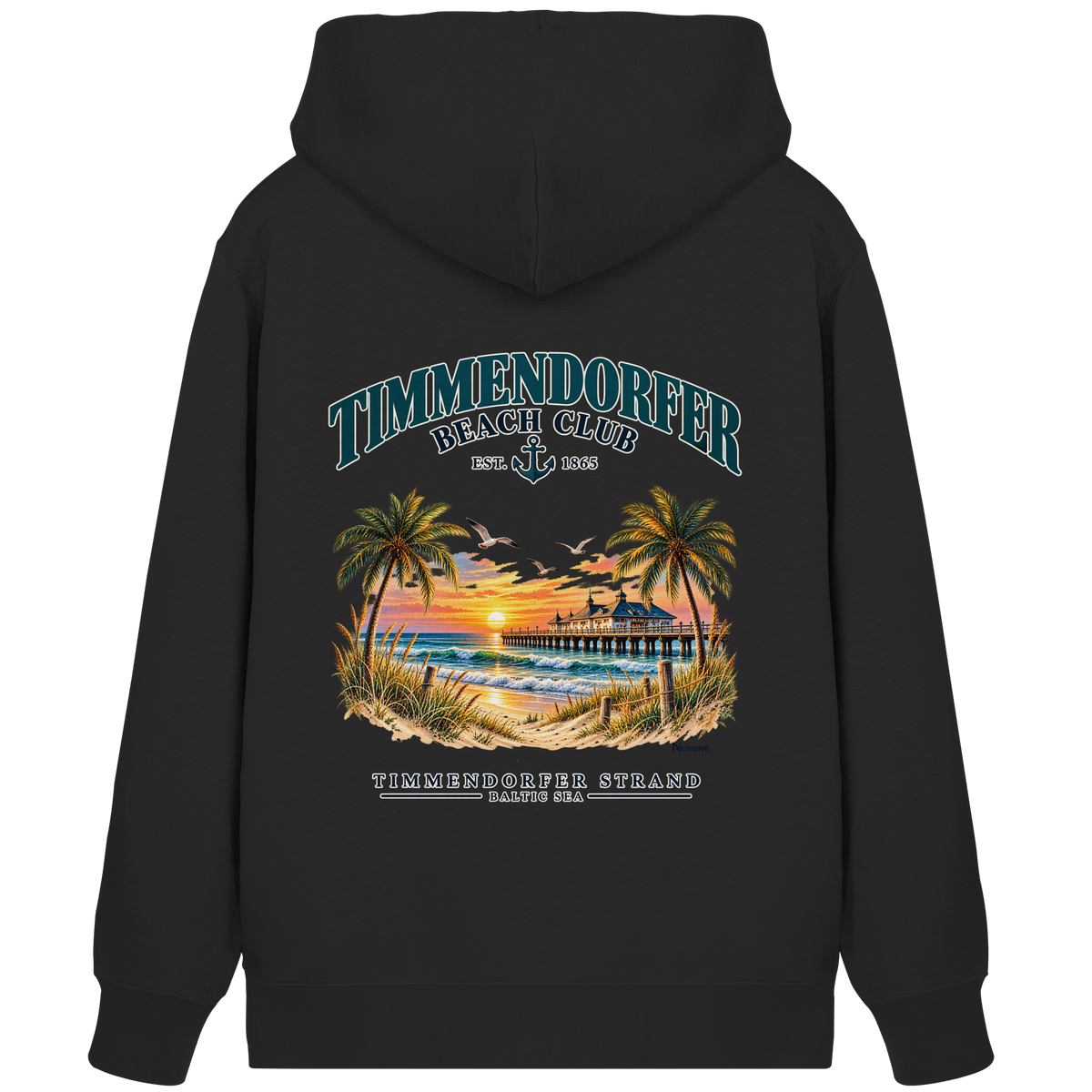 Originalmockup: Unisex Bio-Zipper-Kapuzenjacke in Black mit Timmendorfer-Beach-Club-Rückendruck, Rückansicht.