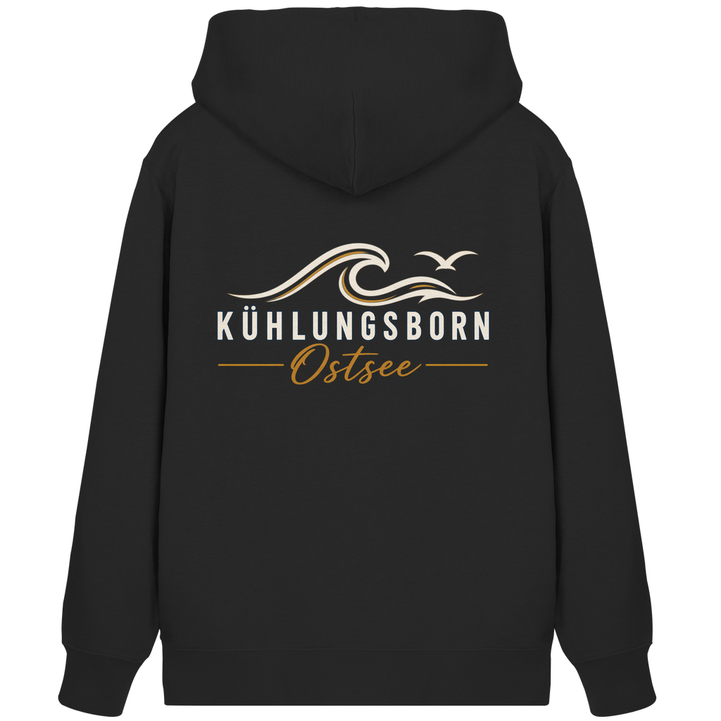 Shirtigo-Originalmockup: Bio-Zipper mit Rückendruck Kühlungsborn Baltic Waves, Dark Edition, Black, Rückenansicht mit Motiv.
