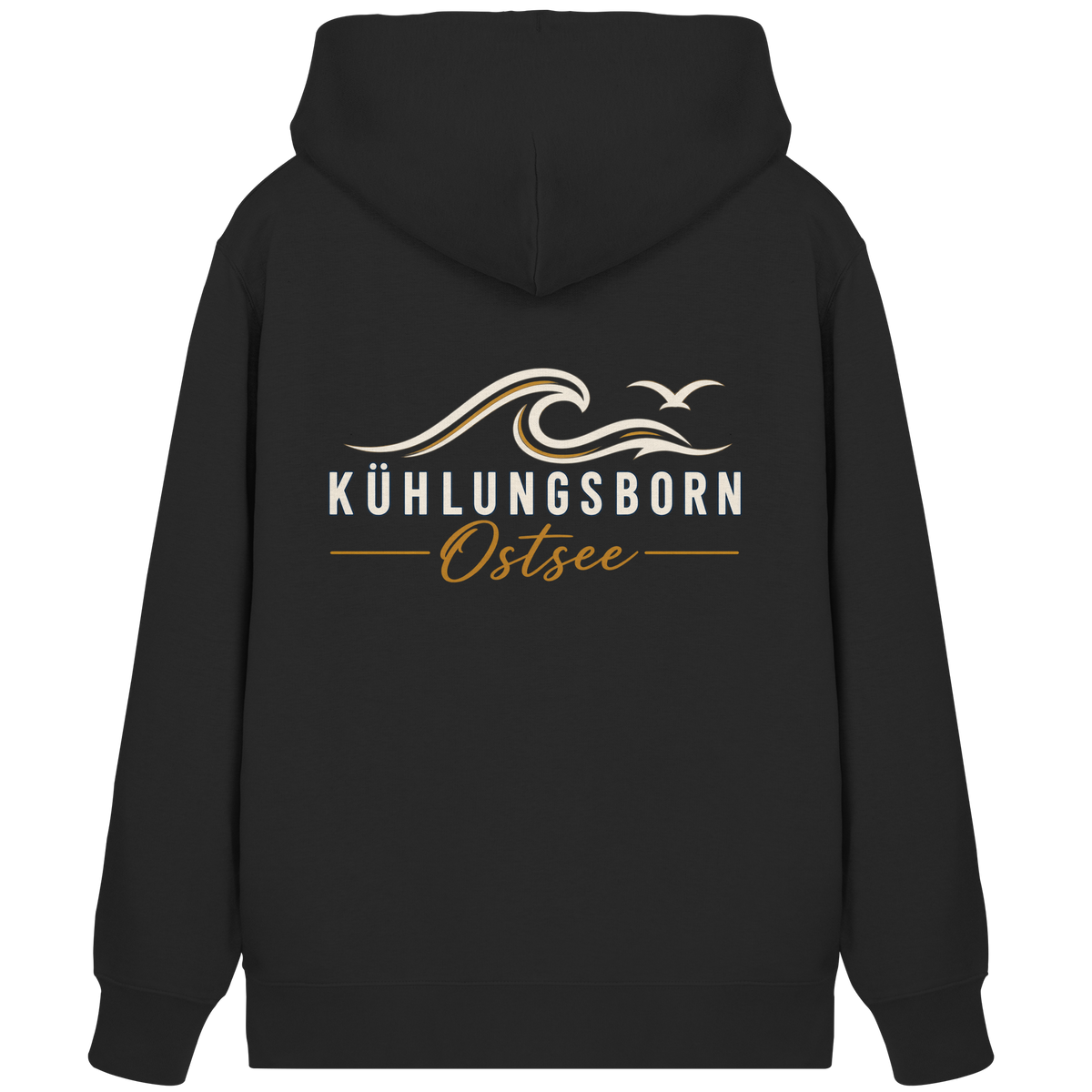 Shirtigo-Originalmockup: Bio-Zipper mit Rückendruck Kühlungsborn Baltic Waves, Dark Edition, Black, Rückenansicht mit Motiv.