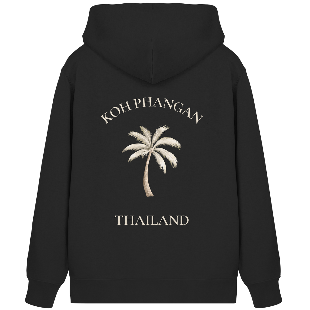 Bio Zipper Kapuzenjacke in Black, Original-Mockup der Rückenansicht mit Koh Phangan Mini Palm Backprint
