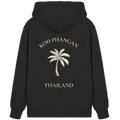 Bio Zipper Kapuzenjacke in Black, Original-Mockup der Rückenansicht mit Koh Phangan Mini Palm Backprint