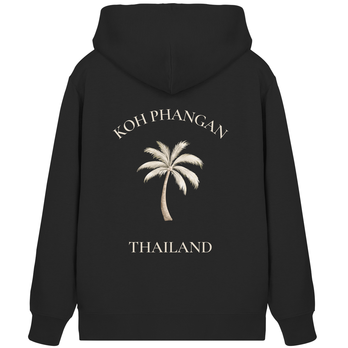 Bio Zipper Kapuzenjacke in Black, Original-Mockup der Rückenansicht mit Koh Phangan Mini Palm Backprint