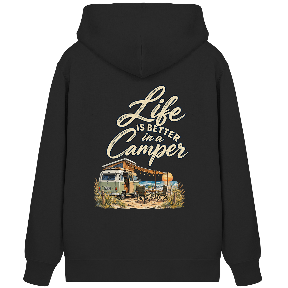 Bio Zipper Kapuzenjacke in Black mit „Life is better in a Camper“-Motiv – Rückansicht für Vanlife- und Campingfans