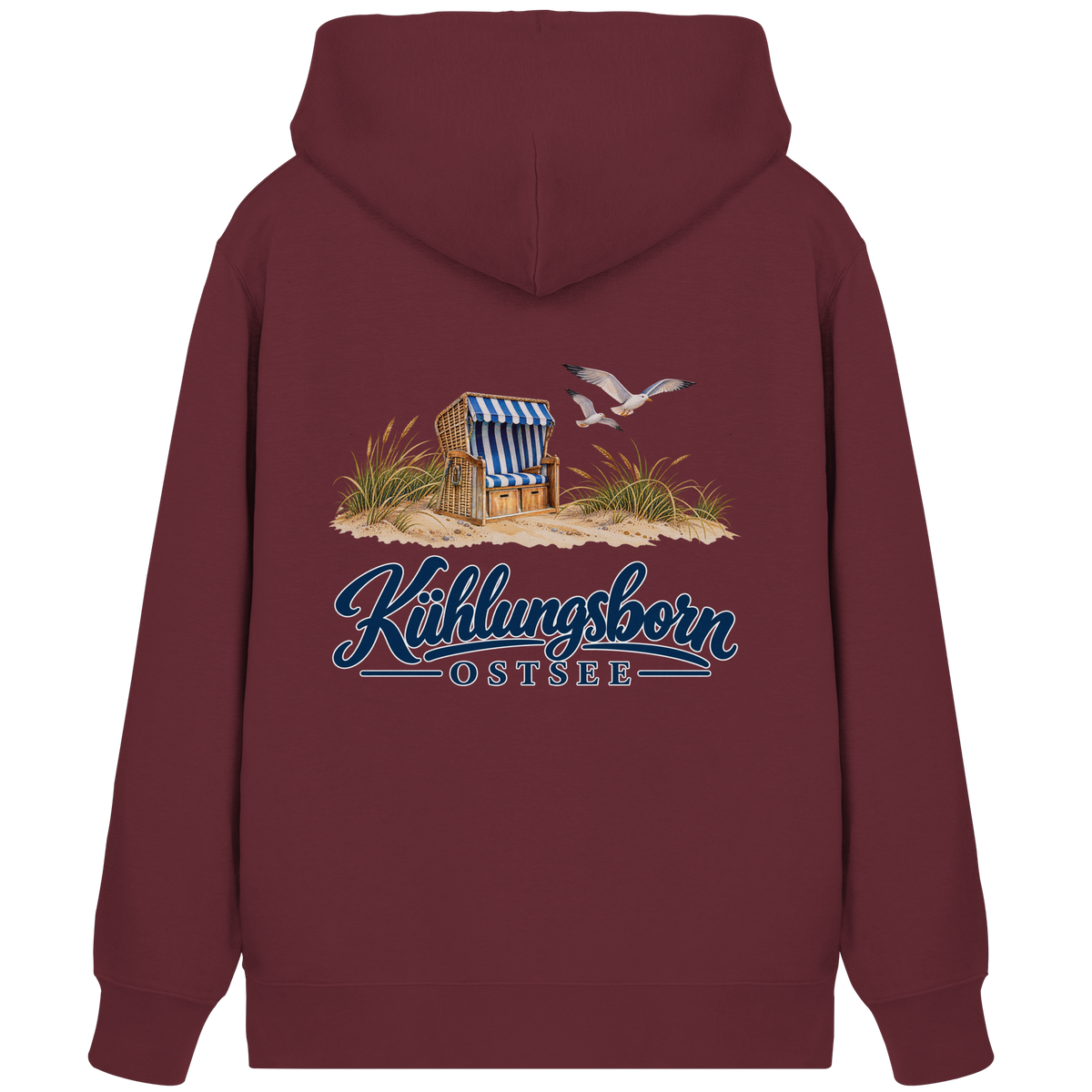 Bio-Unisex-Zipper mit Rückendruck Kühlungsborn – Strandkorb & Ostsee, Burgundy, Shirtigo-Originalmockup der Rückseite mit Rückendruck.