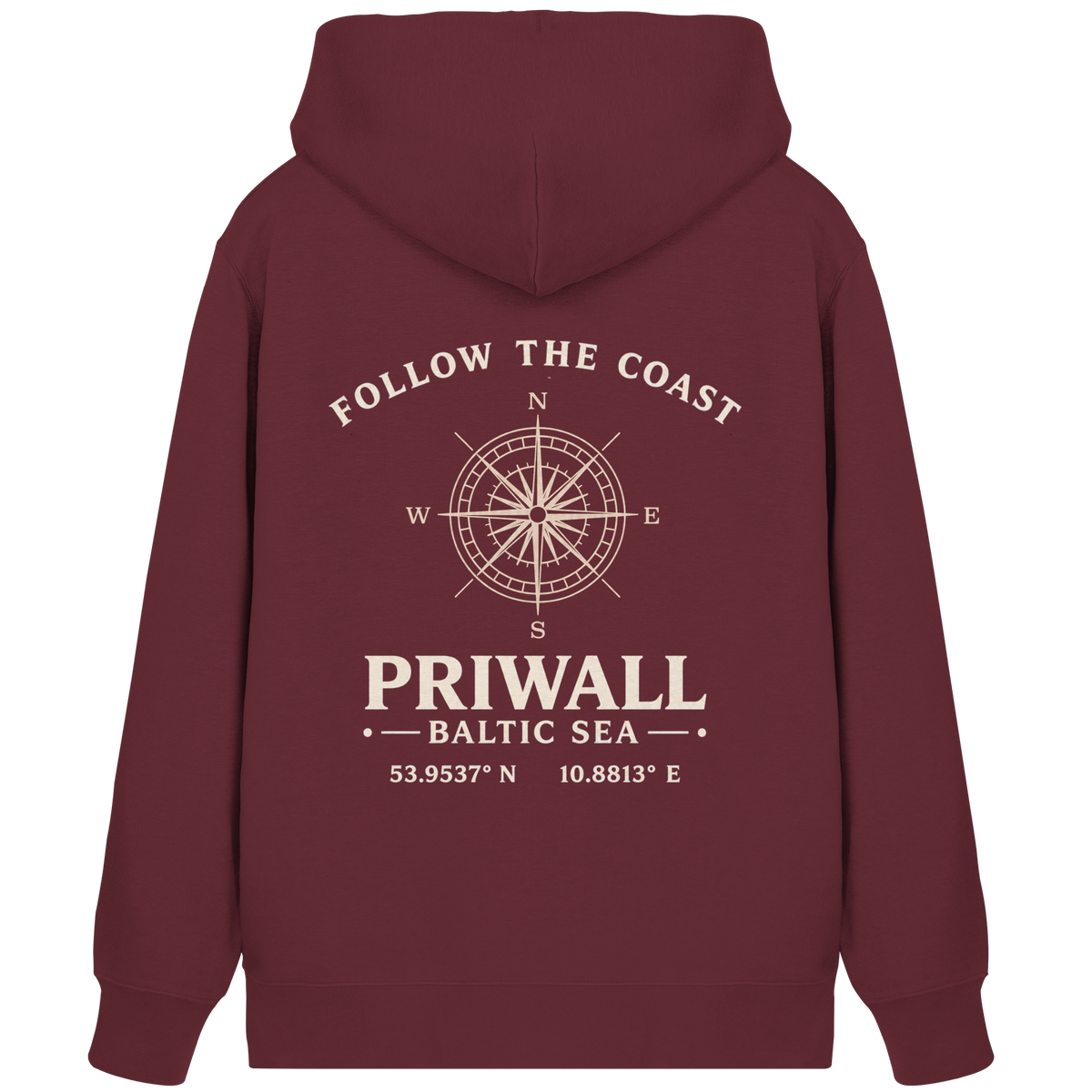 Burgundy Priwall Follow the Coast Bio-Kapuzenjacke mit Kompassrose auf dem Rücken