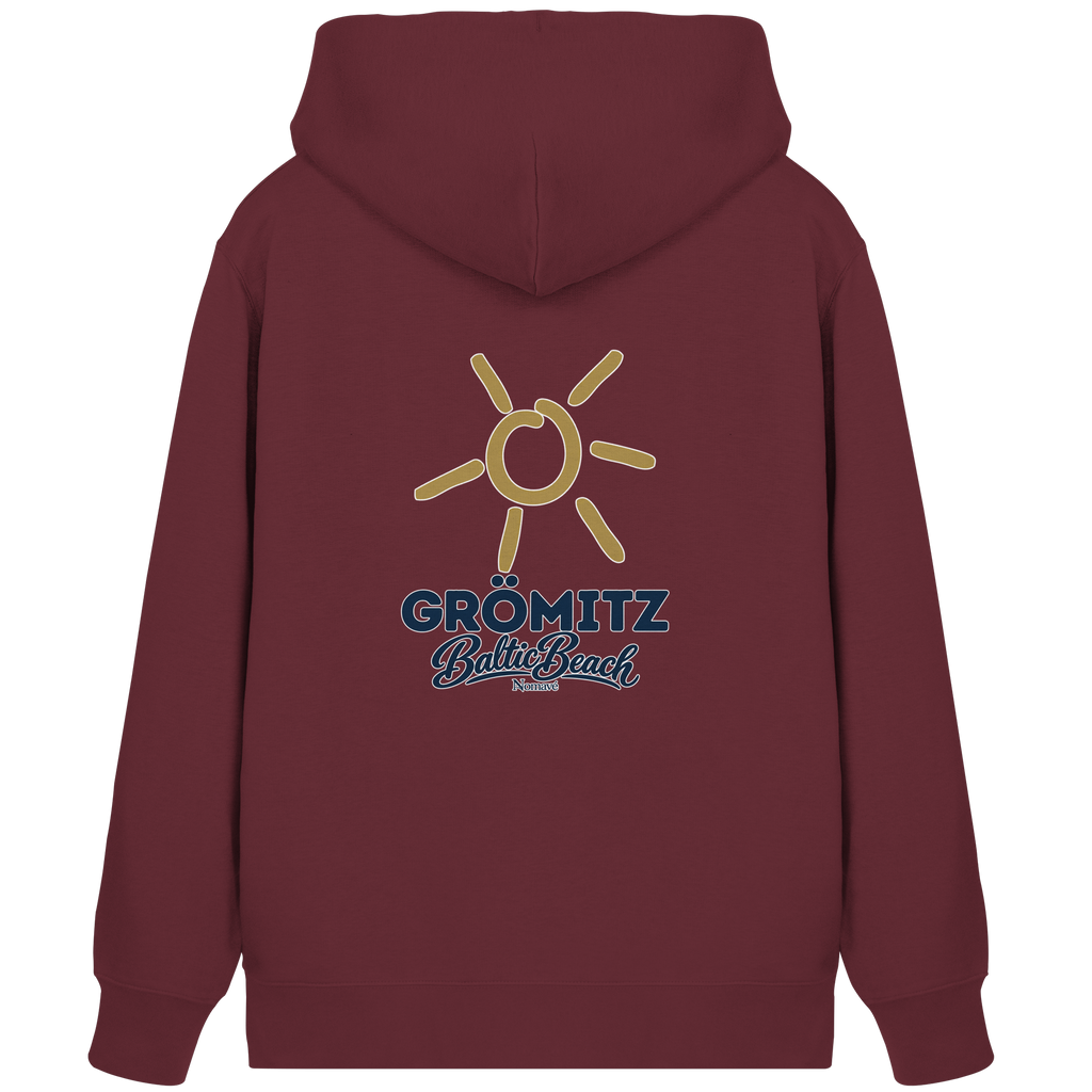 Zipper-Kapuzenjacke Grömitz Sonne Baltic Beach in Burgundy – Rückendruck mit goldener Sonne, Shirtigo-Originalmockup 4