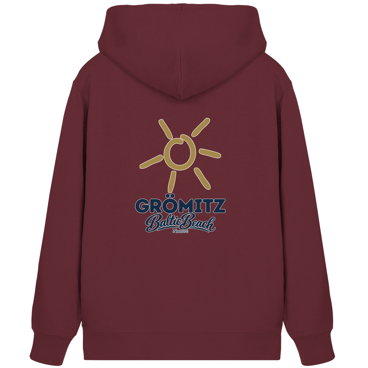 Zipper-Kapuzenjacke Grömitz Sonne Baltic Beach in Burgundy – Rückendruck mit goldener Sonne, Shirtigo-Originalmockup 4