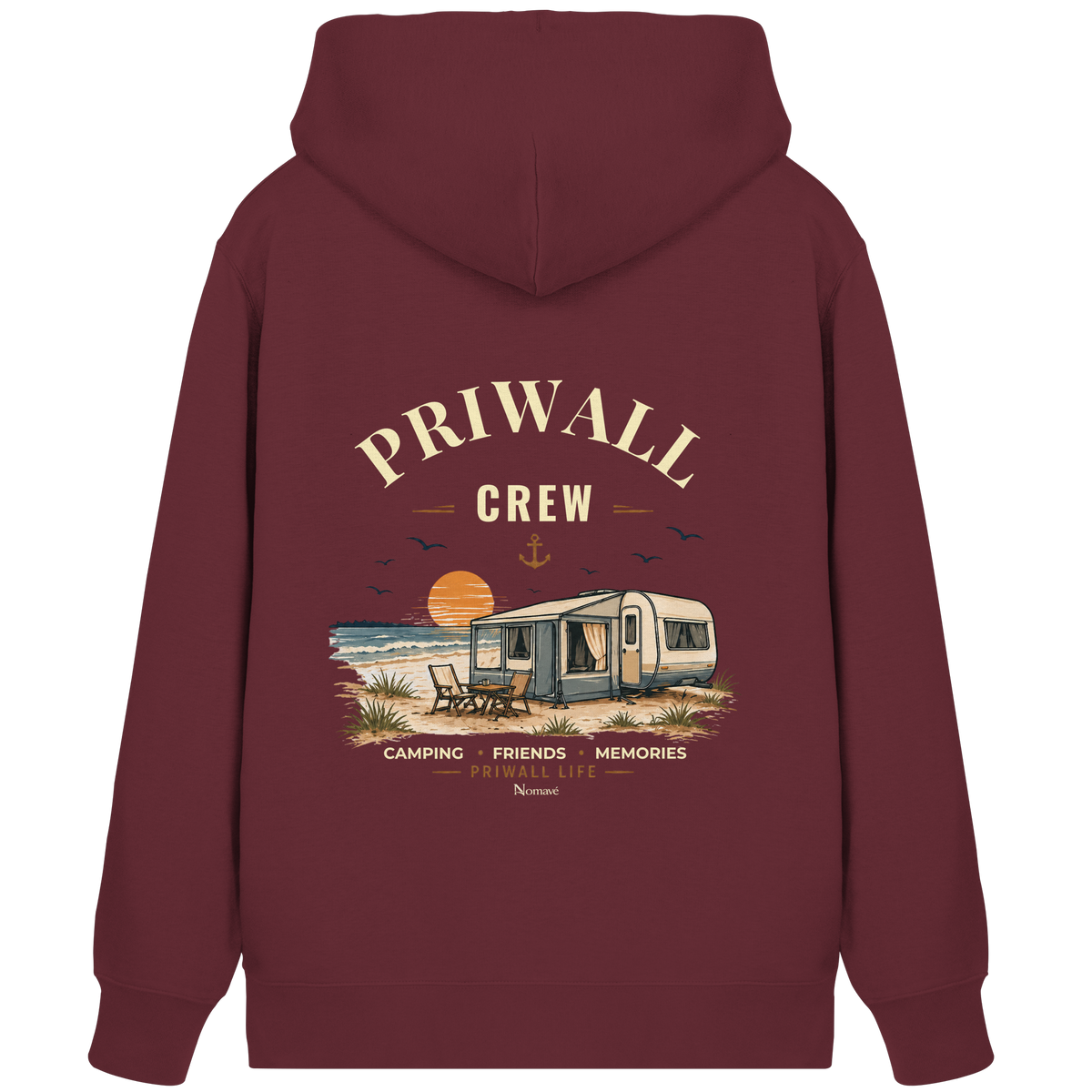 Rückansicht des Bio-Zippers in Burgundy mit korrigiertem Priwall-Crew-Backprint der Dark Edition