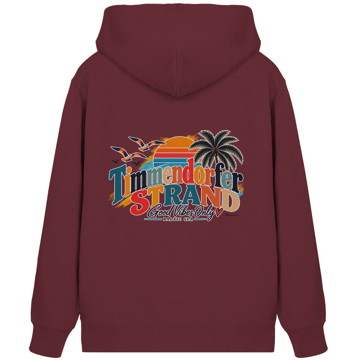 Unisex-Zipper-Kapuzenjacke in Burgundy – Originalmockup der Rückseite mit Timmendorfer-Strand-Good-Vibes-Only-Rückenprint.