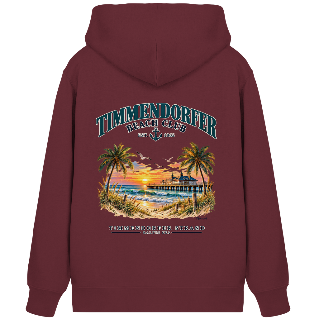 Originalmockup: Unisex Bio-Zipper-Kapuzenjacke in Burgundy mit Timmendorfer-Beach-Club-Rückendruck, Rückansicht.
