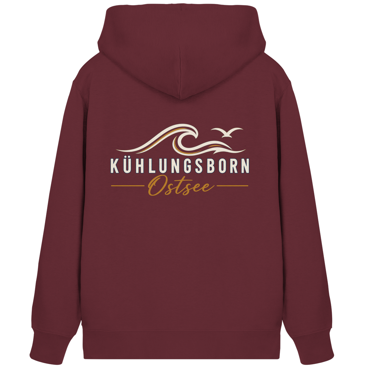 Shirtigo-Originalmockup: Bio-Zipper mit Rückendruck Kühlungsborn Baltic Waves, Dark Edition, Burgundy, Rückenansicht mit Motiv.