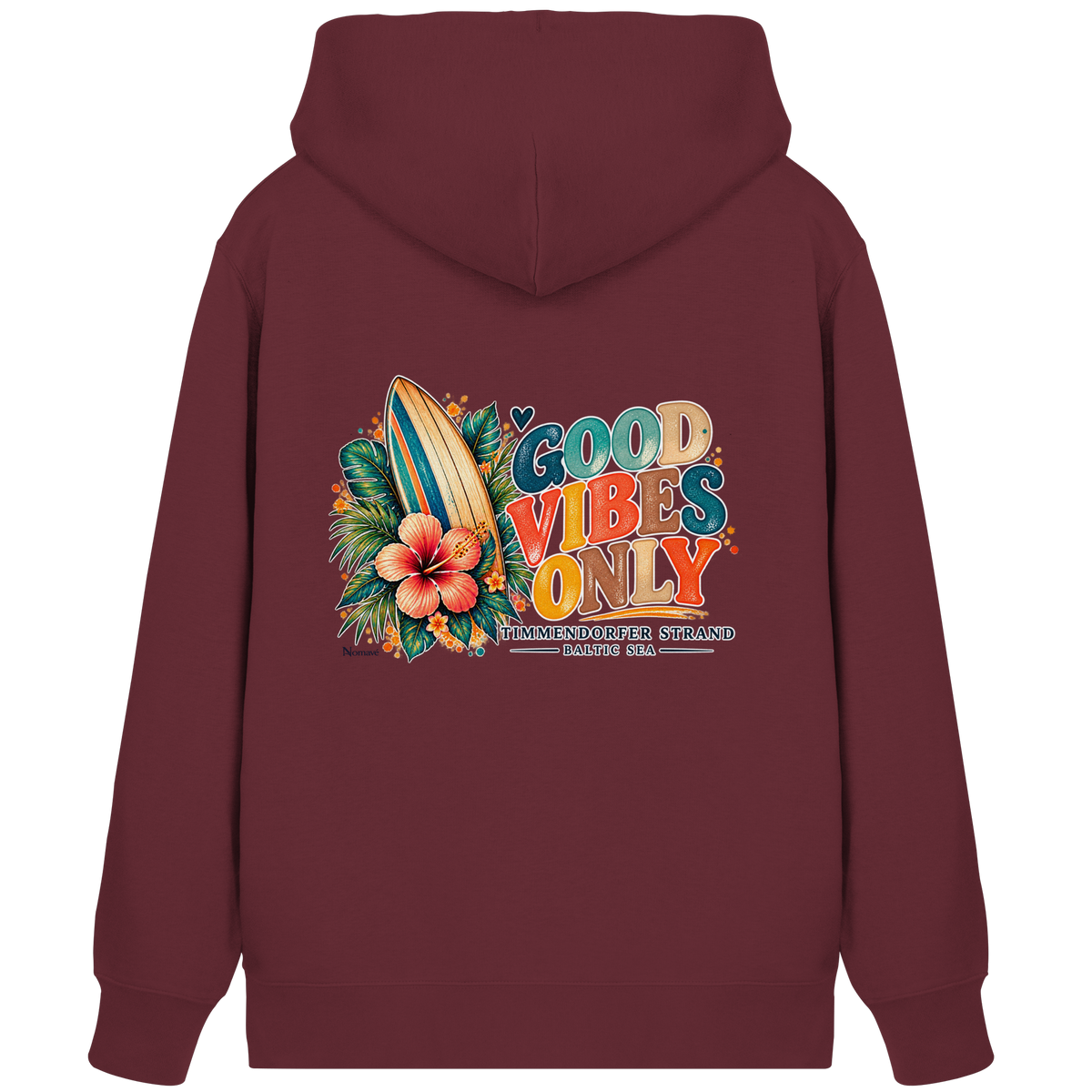 Timmendorfer Strand – Surf Vibes – Bio-Zipper in Burgundy – Shirtigo-Katalog-Rückenansicht mit Surfboard- und Hibiskusmotiv.