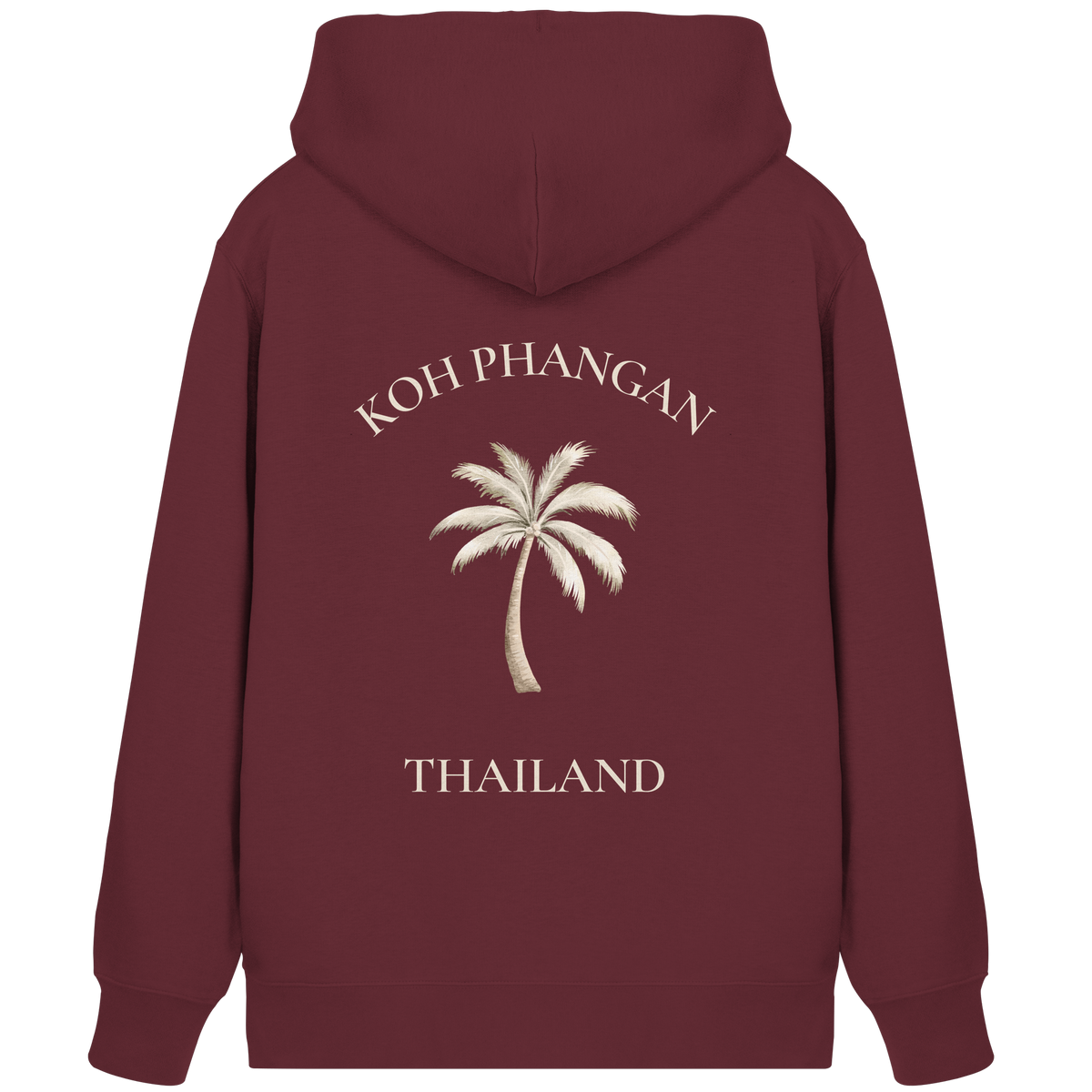 Bio Zipper Kapuzenjacke in Burgundy, Original-Mockup der Rückenansicht mit Koh Phangan Mini Palm Backprint