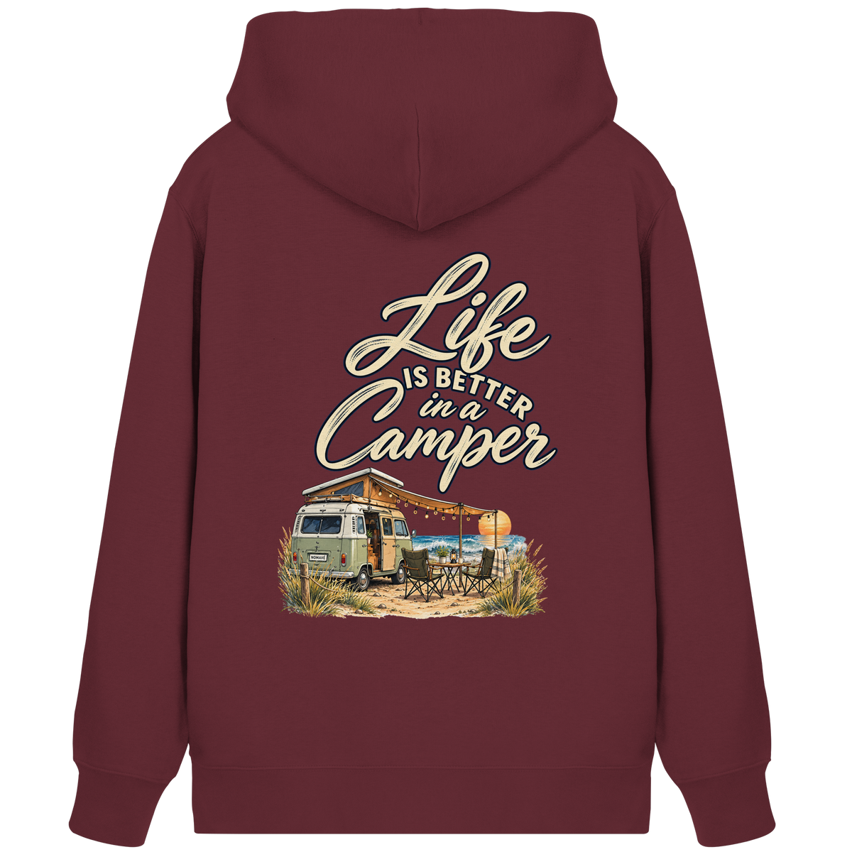 Bio Zipper Kapuzenjacke in Burgundy mit „Life is better in a Camper“-Motiv – Rückansicht für Vanlife- und Campingfans
