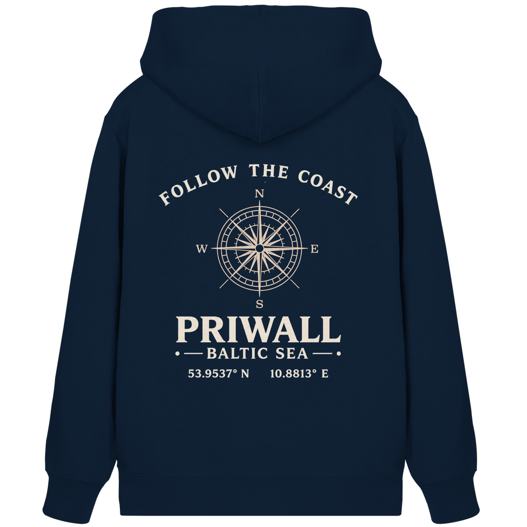 Dunkelblaue Priwall Follow the Coast Bio-Kapuzenjacke mit Kompass-Rückenprint