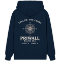 Dunkelblaue Priwall Follow the Coast Bio-Kapuzenjacke mit Kompass-Rückenprint