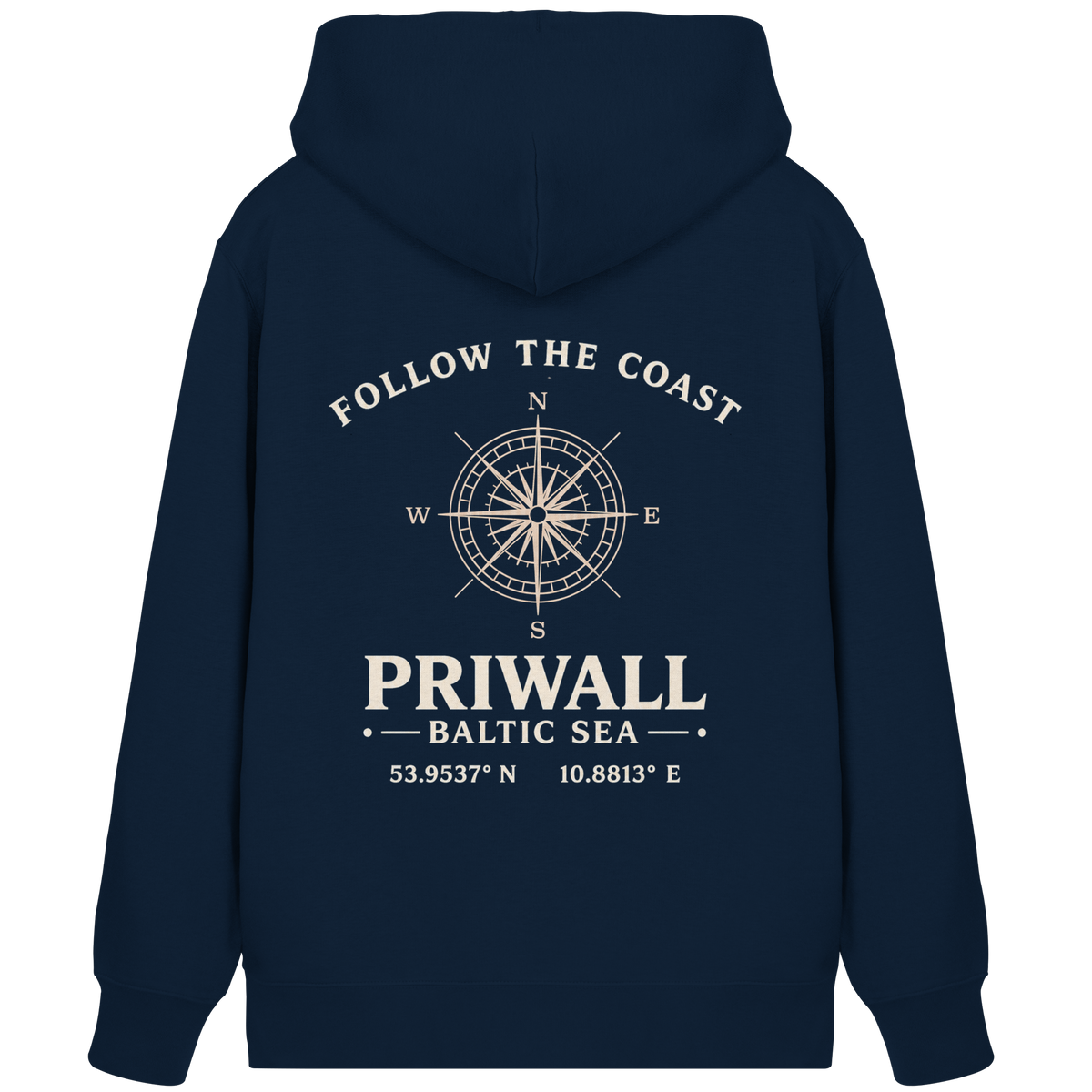 Dunkelblaue Priwall Follow the Coast Bio-Kapuzenjacke mit Kompass-Rückenprint