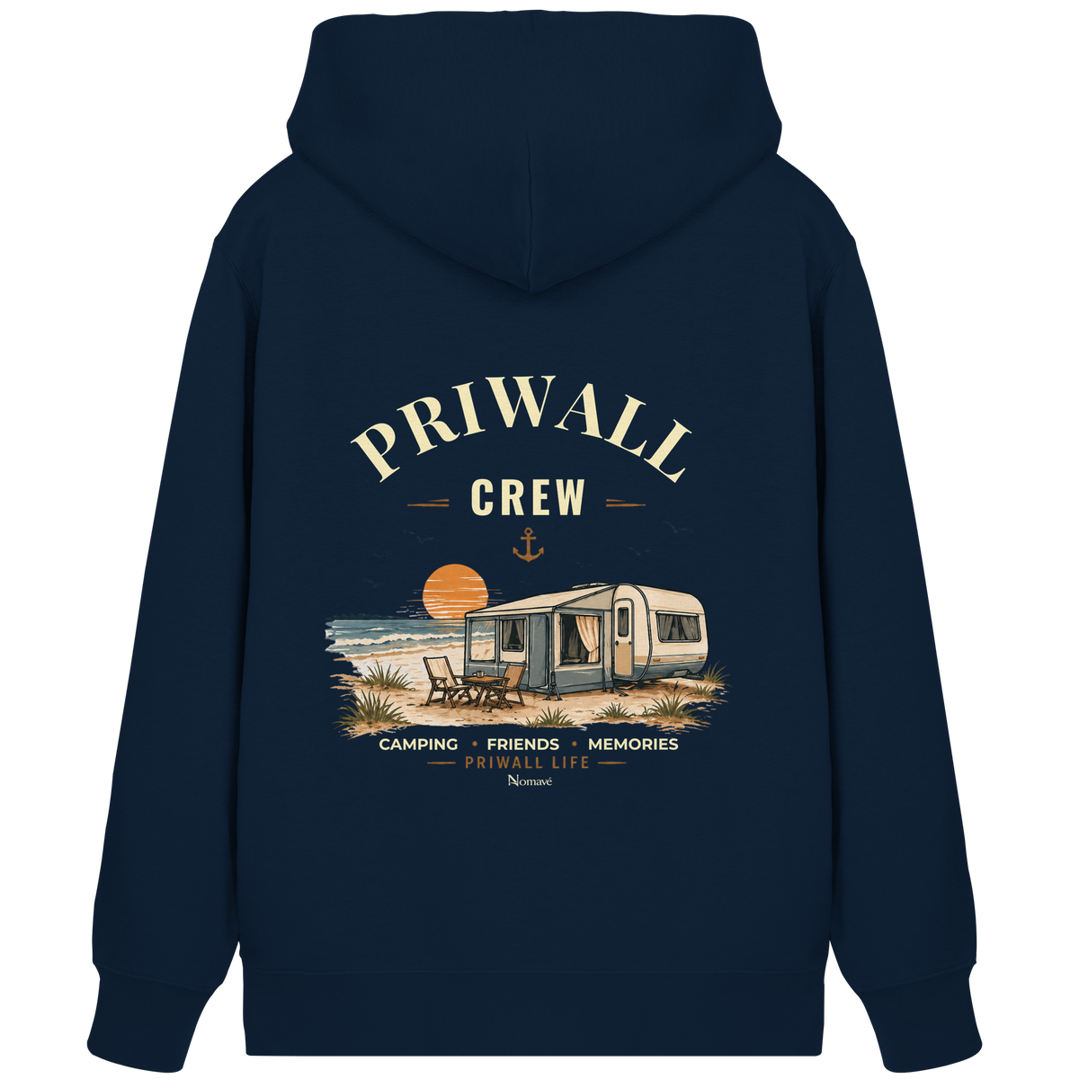 Rückansicht des Bio-Zippers in French Navy mit korrigiertem Priwall-Crew-Backprint der Dark Edition
