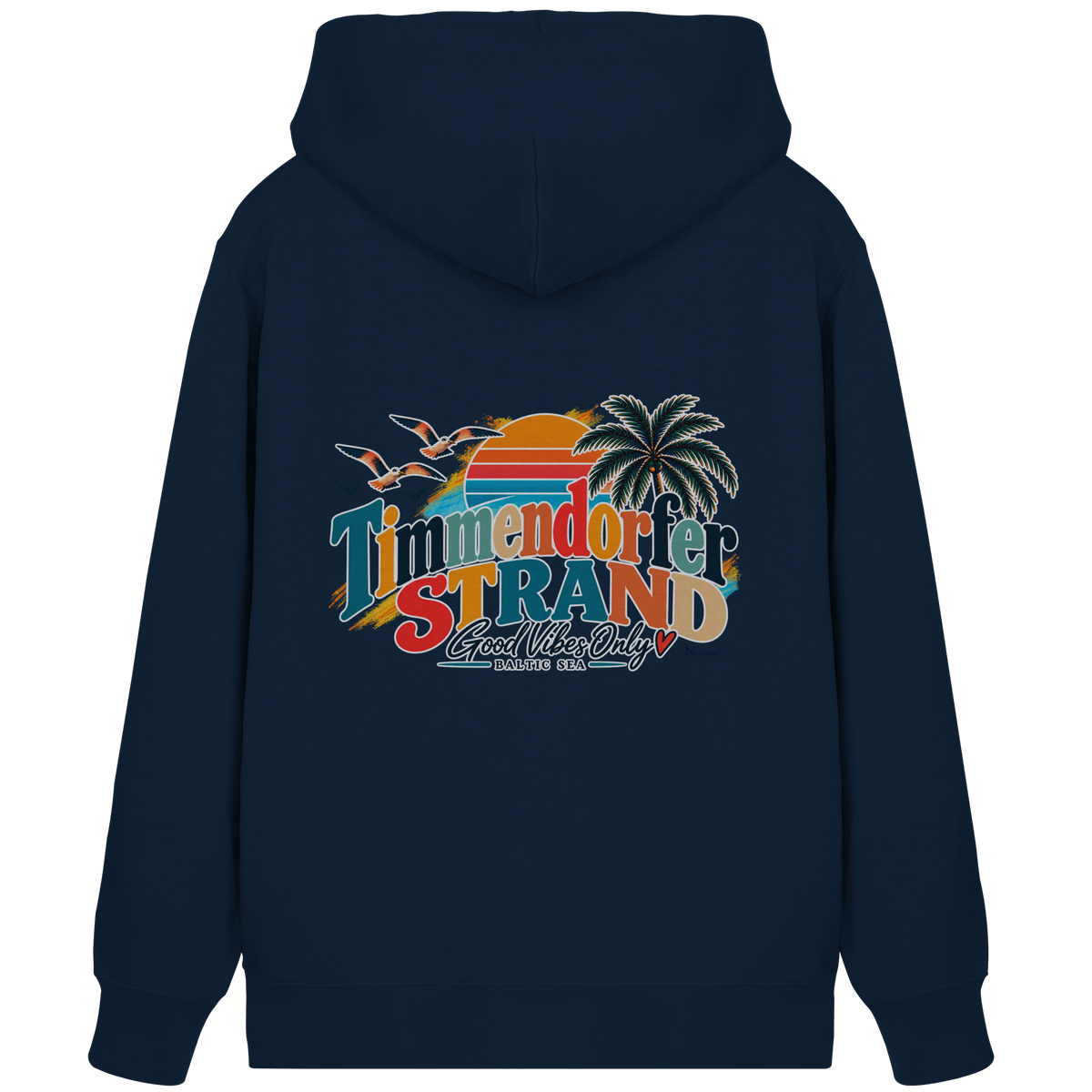 Unisex-Zipper-Kapuzenjacke in French Navy – Originalmockup der Rückseite mit Timmendorfer-Strand-Good-Vibes-Only-Rückenprint.