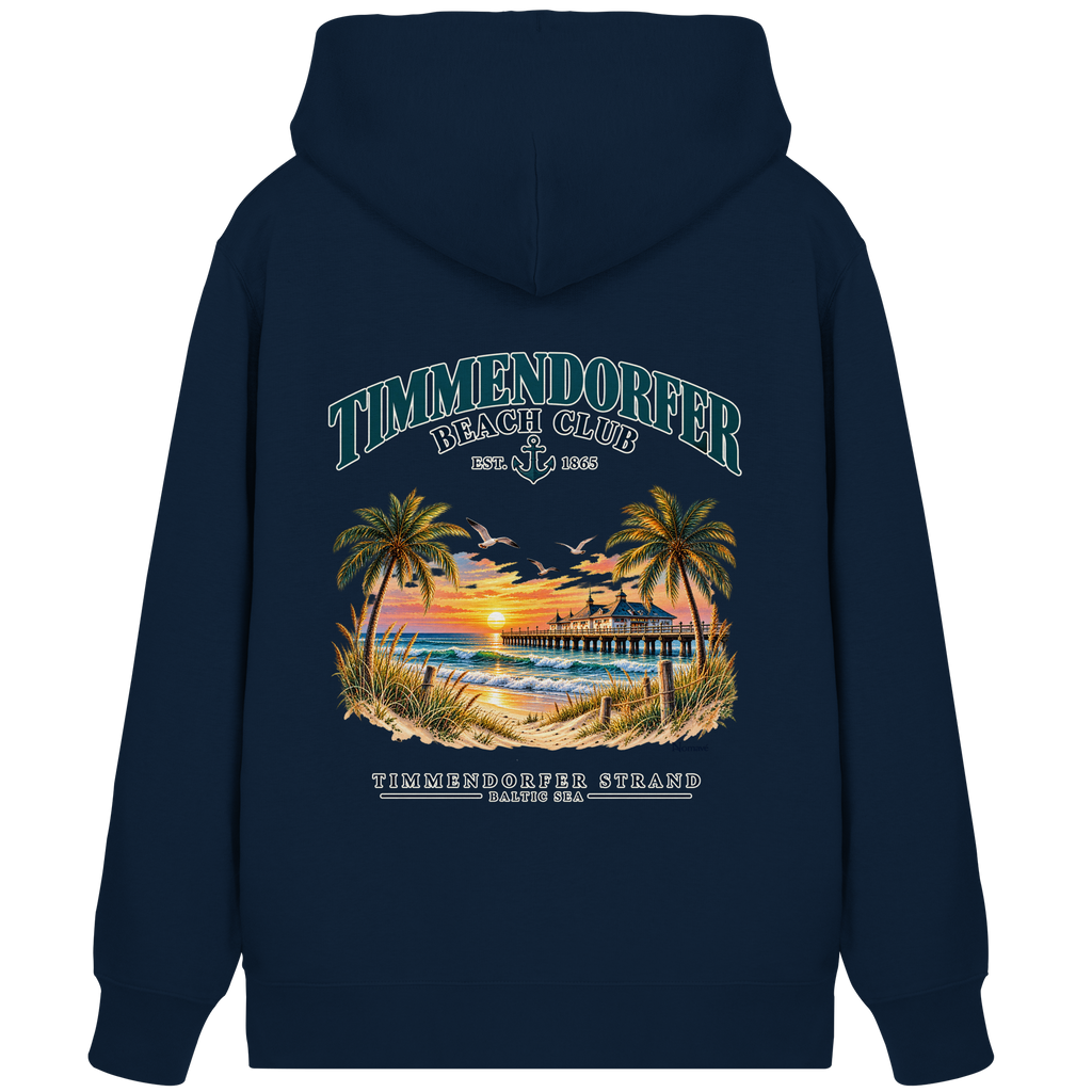 Originalmockup: Unisex Bio-Zipper-Kapuzenjacke in French Navy mit Timmendorfer-Beach-Club-Rückendruck, Rückansicht.