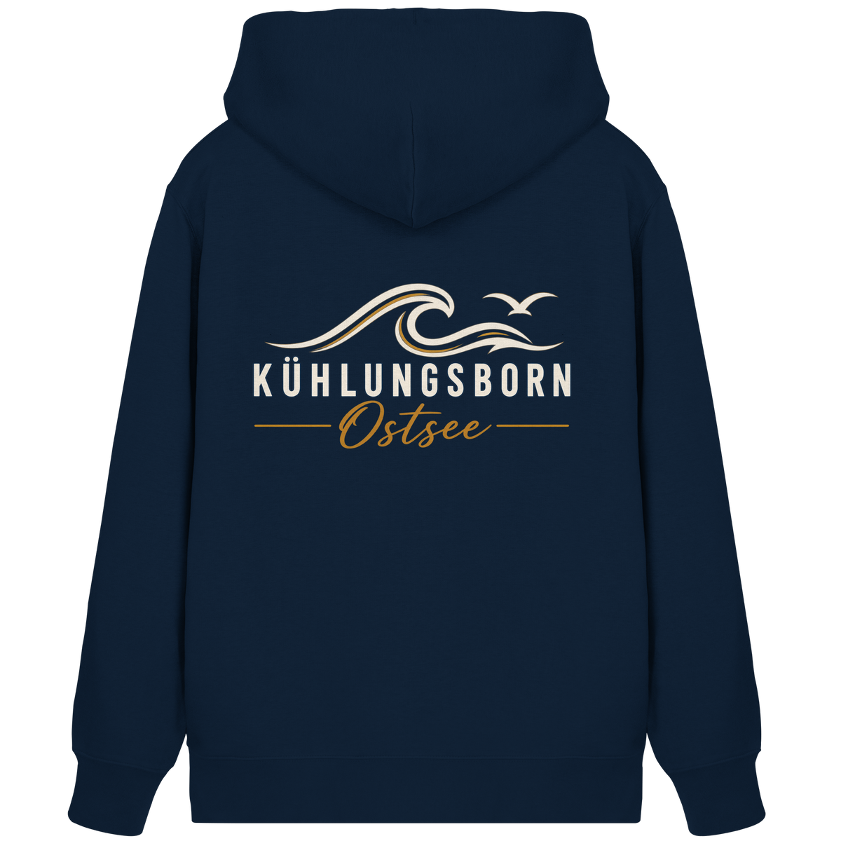 Shirtigo-Originalmockup: Bio-Zipper mit Rückendruck Kühlungsborn Baltic Waves, Dark Edition, French Navy, Rückenansicht mit Motiv.