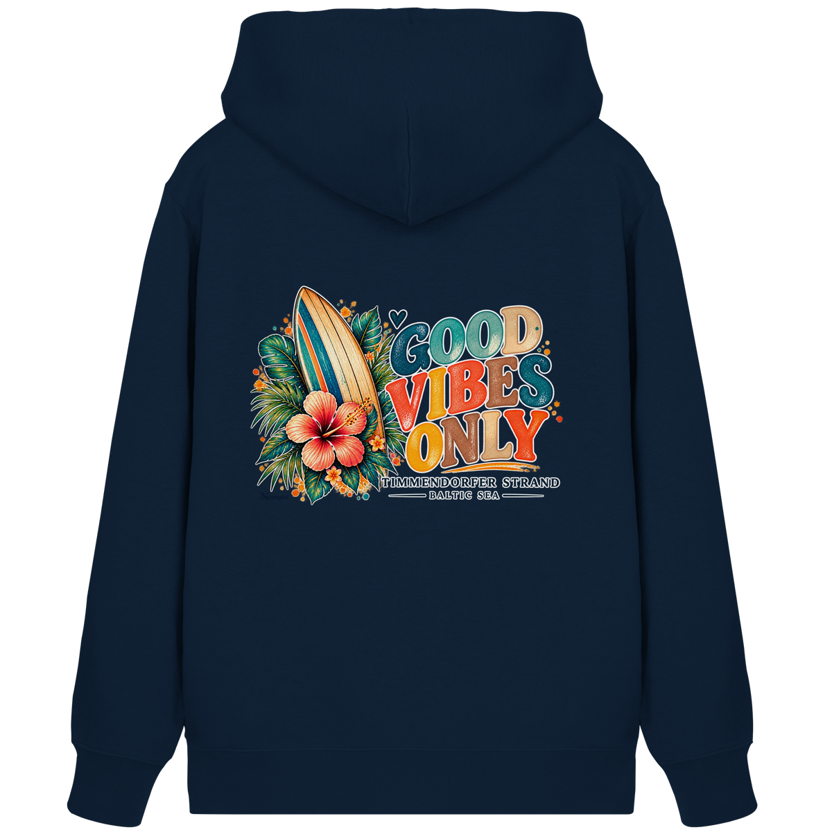 Timmendorfer Strand – Surf Vibes – Bio-Zipper in French Navy – Shirtigo-Katalog-Rückenansicht mit Surfboard- und Hibiskusmotiv.