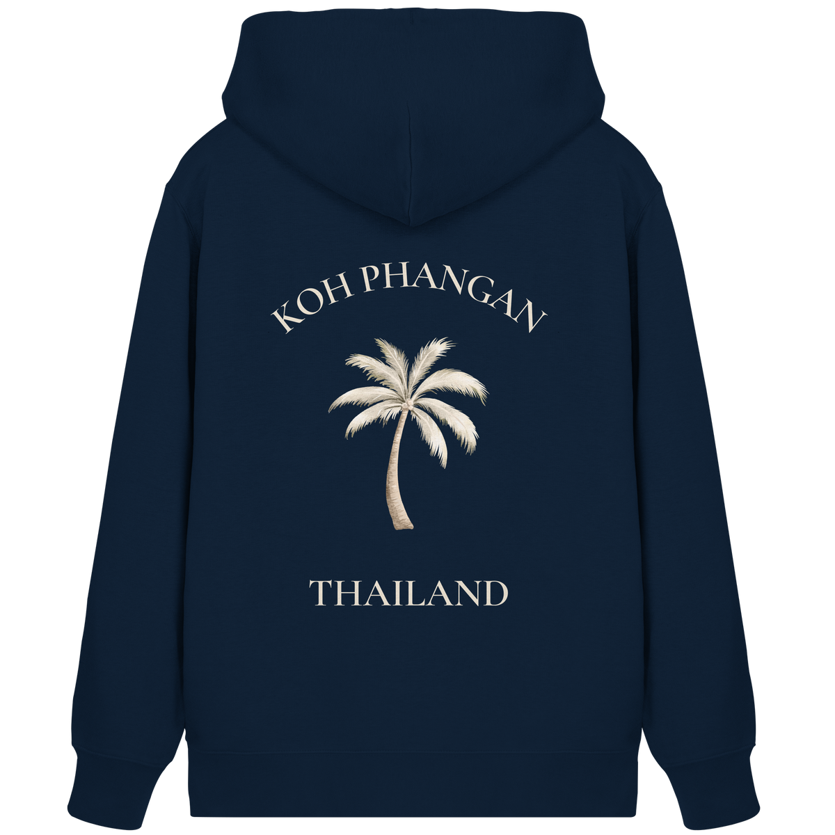 Bio Zipper Kapuzenjacke in French Navy, Original-Mockup der Rückenansicht mit Koh Phangan Mini Palm Backprint