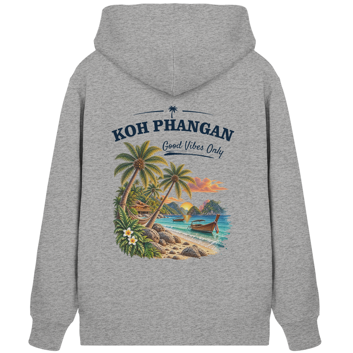 Koh Phangan Good Vibes Only – Bio Zipper – Backprint – Original-Mockup organic zipper heather grey mit Rückenmotiv