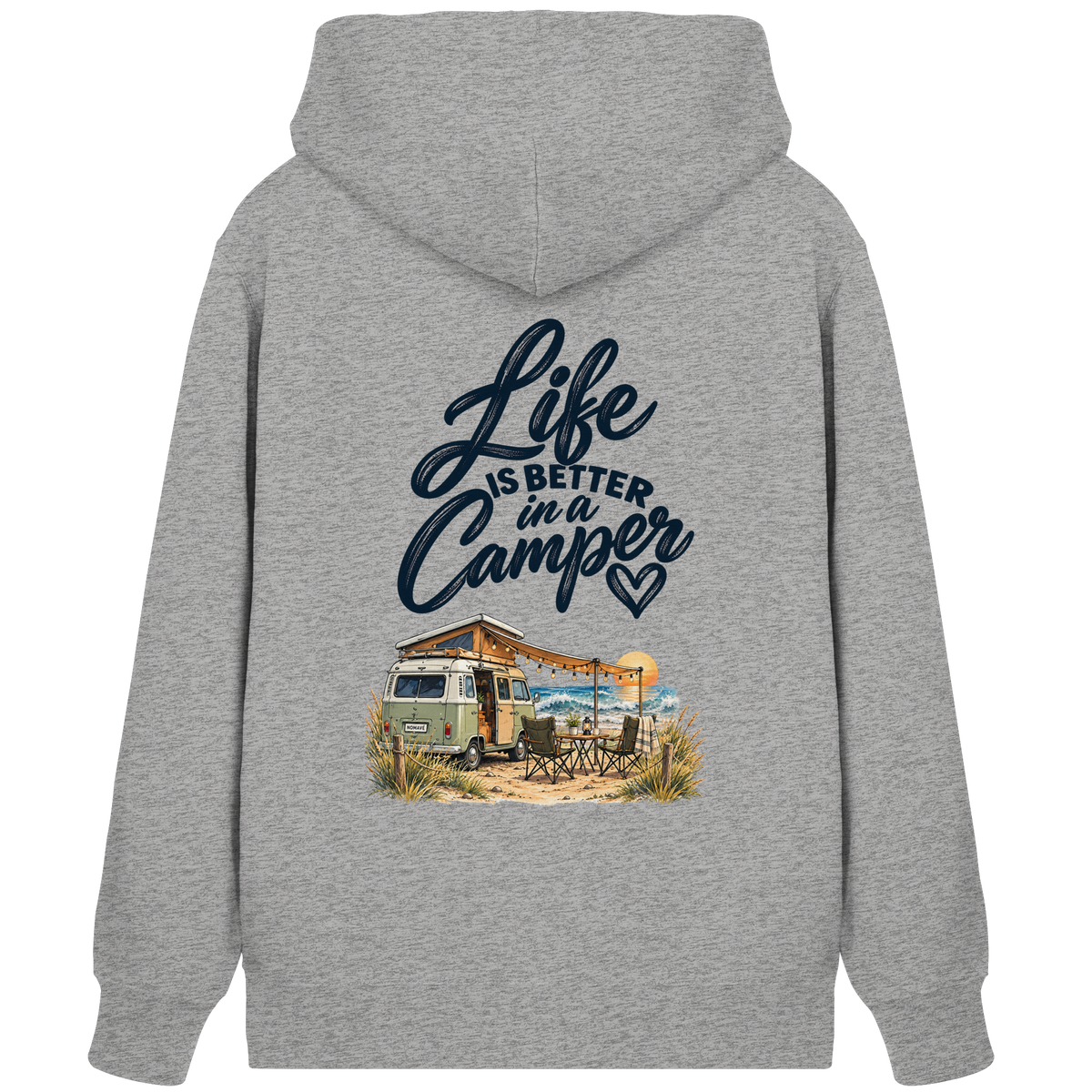 Bio Zipper Kapuzenjacke mit „Life is better in a Camper“-Motiv – Rückansicht in Heather Grey für Vanlife- und Campingfans