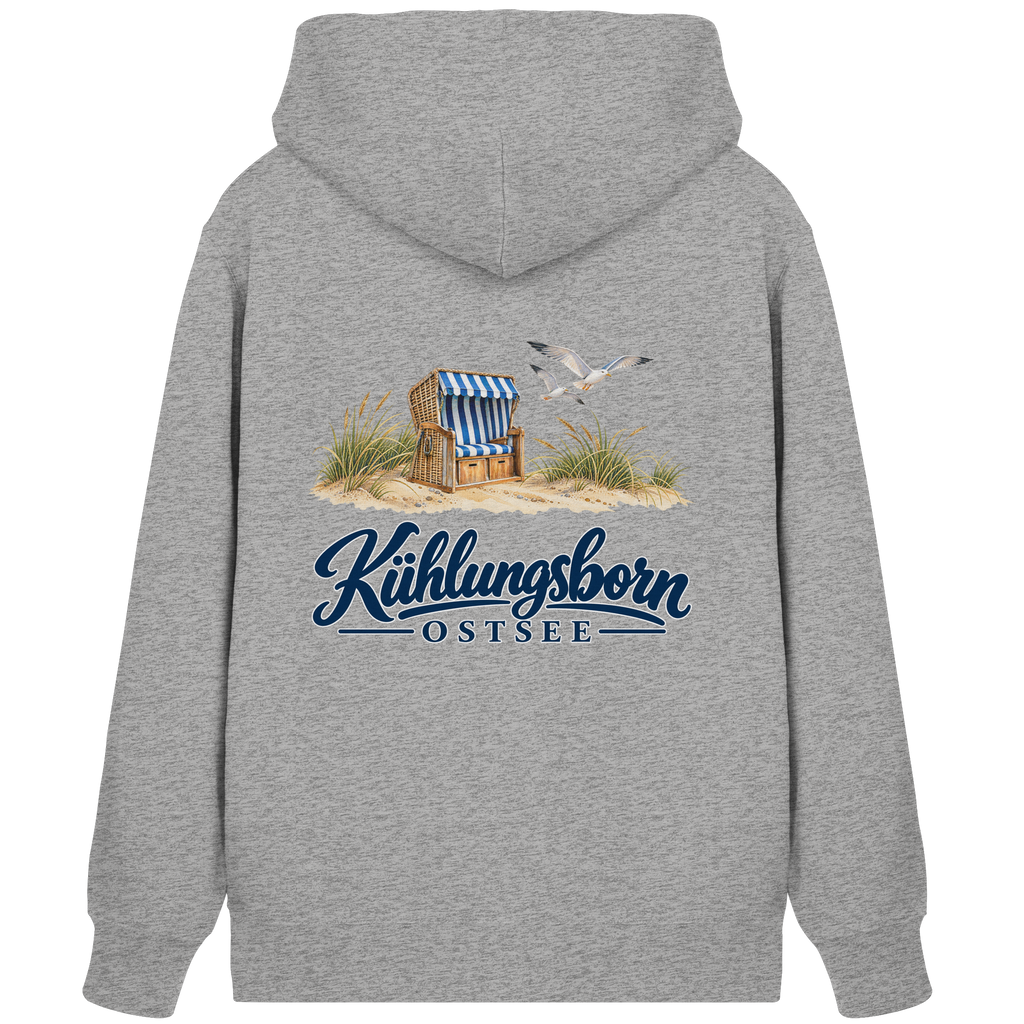 Bio-Unisex-Zipper mit Rückendruck Kühlungsborn – Strandkorb & Ostsee, Heather Grey, Shirtigo-Originalmockup der Rückseite mit Rückendruck.