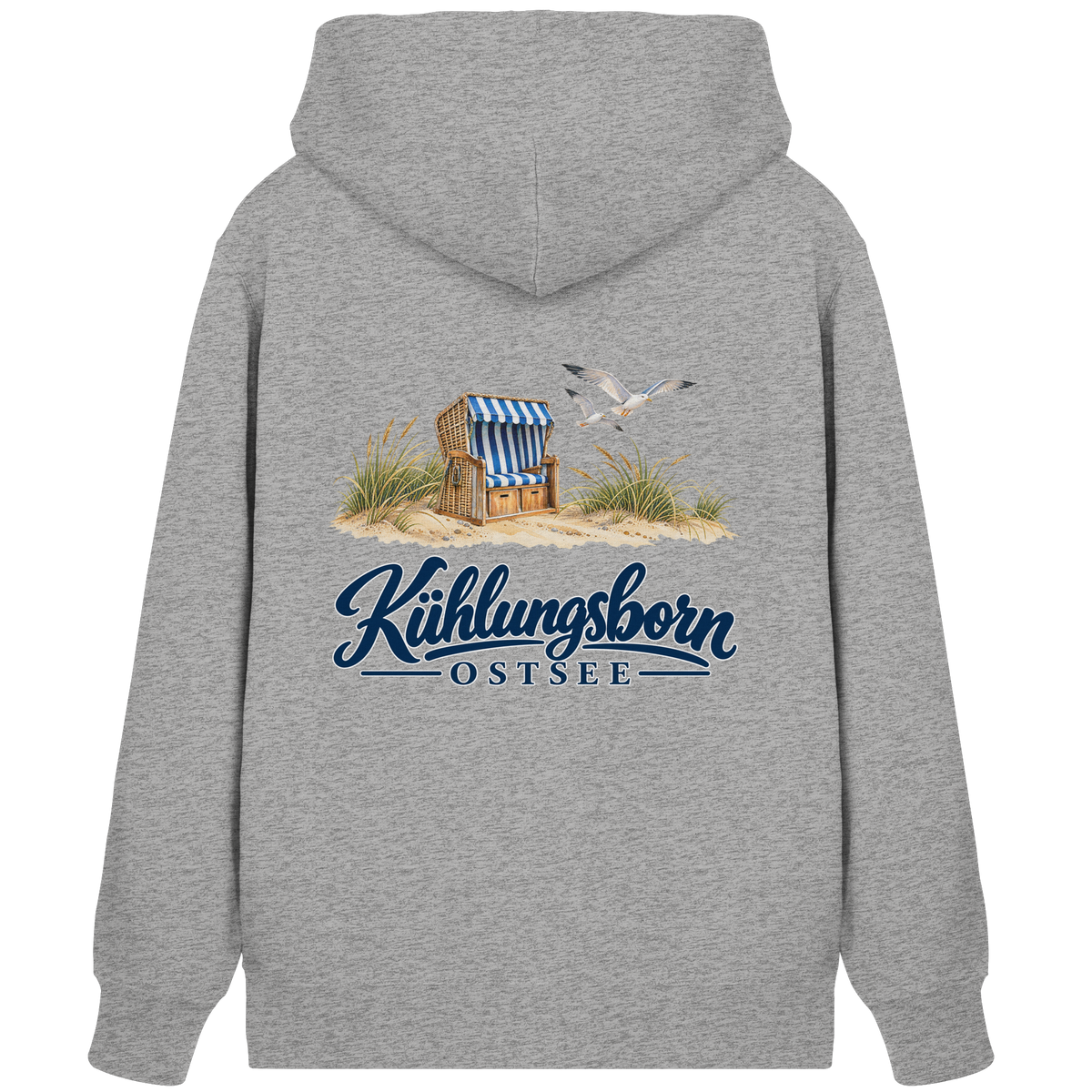 Bio-Unisex-Zipper mit Rückendruck Kühlungsborn – Strandkorb & Ostsee, Heather Grey, Shirtigo-Originalmockup der Rückseite mit Rückendruck.
