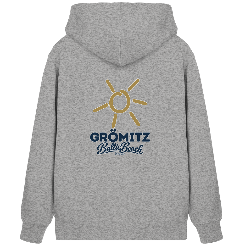 Zipper-Kapuzenjacke Grömitz Sonne Baltic Beach in Heather Grey – Rückendruck mit goldener Sonne, Shirtigo-Originalmockup 3