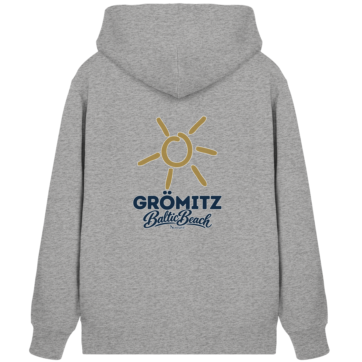 Zipper-Kapuzenjacke Grömitz Sonne Baltic Beach in Heather Grey – Rückendruck mit goldener Sonne, Shirtigo-Originalmockup 3