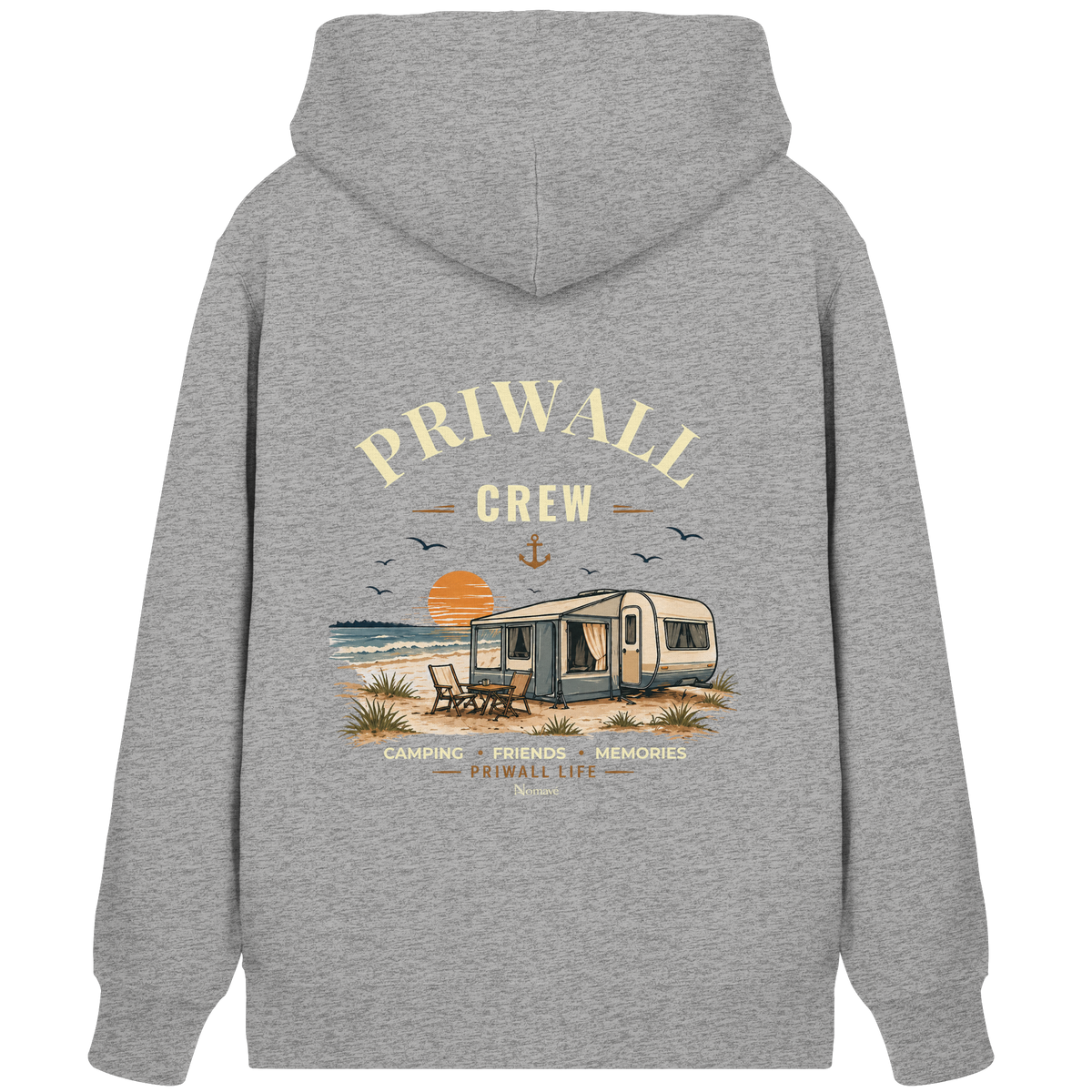 Rückansicht des Bio-Zippers in Heather Grey mit korrigiertem Priwall-Crew-Backprint der Dark Edition
