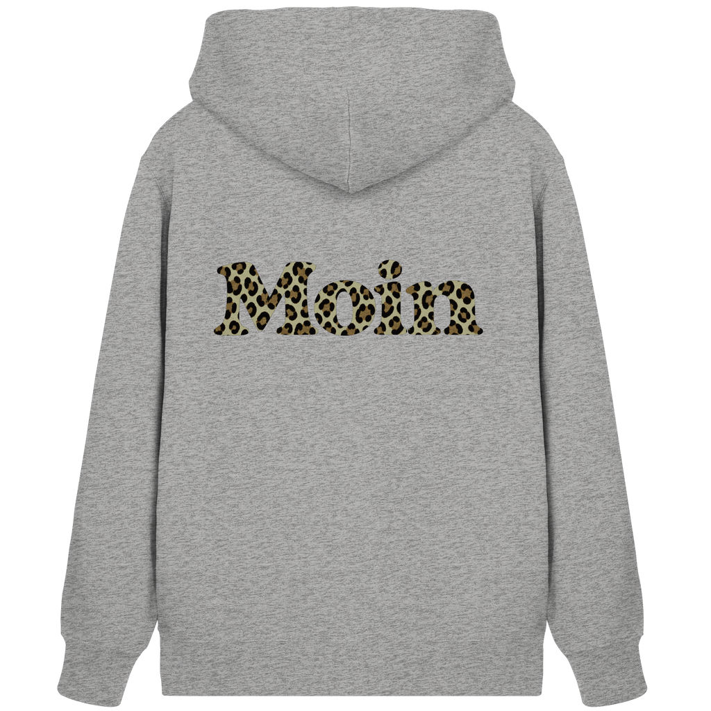 Rückansicht der graumelierten Bio-Zipper-Kapuzenjacke mit Moin-Leo-Sage-Green-Backprint.