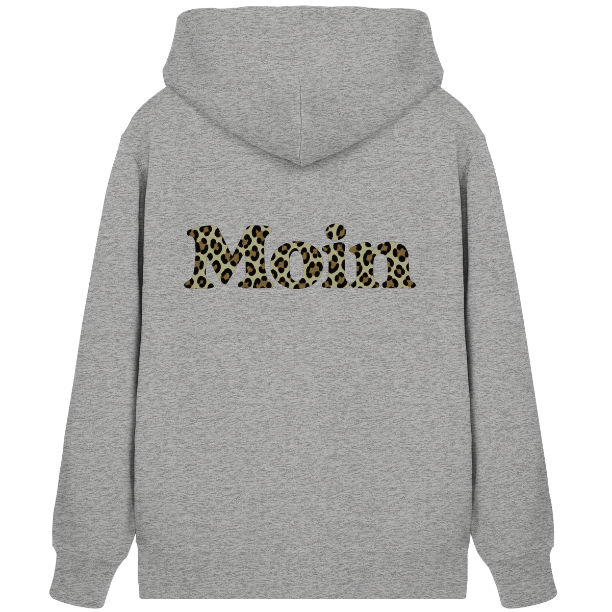Rückansicht der graumelierten Bio-Zipper-Kapuzenjacke mit Moin-Leo-Sage-Green-Backprint.