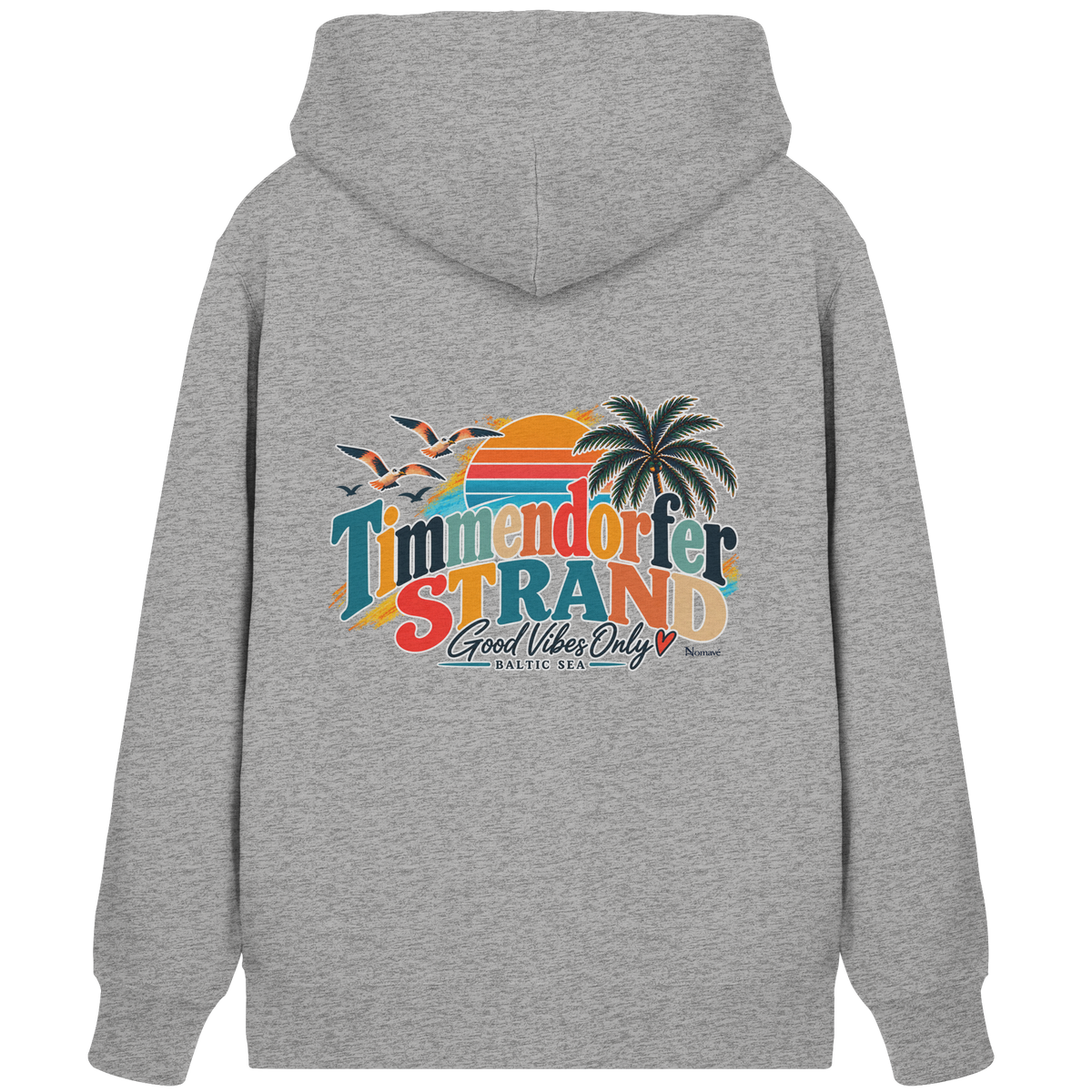 Unisex-Zipper-Kapuzenjacke in Heather Grey – Originalmockup der Rückseite mit Timmendorfer-Strand-Good-Vibes-Only-Rückenprint.