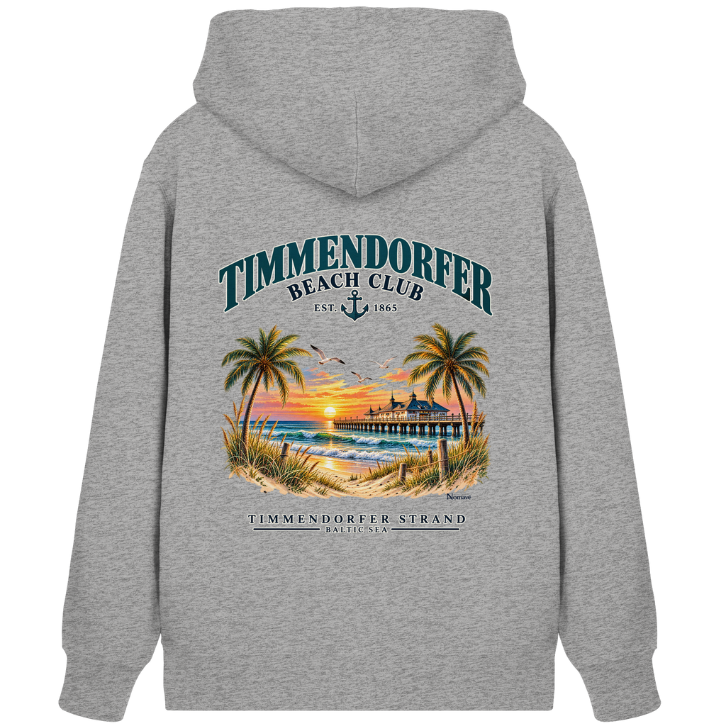 Originalmockup: Unisex Bio-Zipper-Kapuzenjacke in Heather Grey mit Timmendorfer-Beach-Club-Rückendruck, Rückansicht.