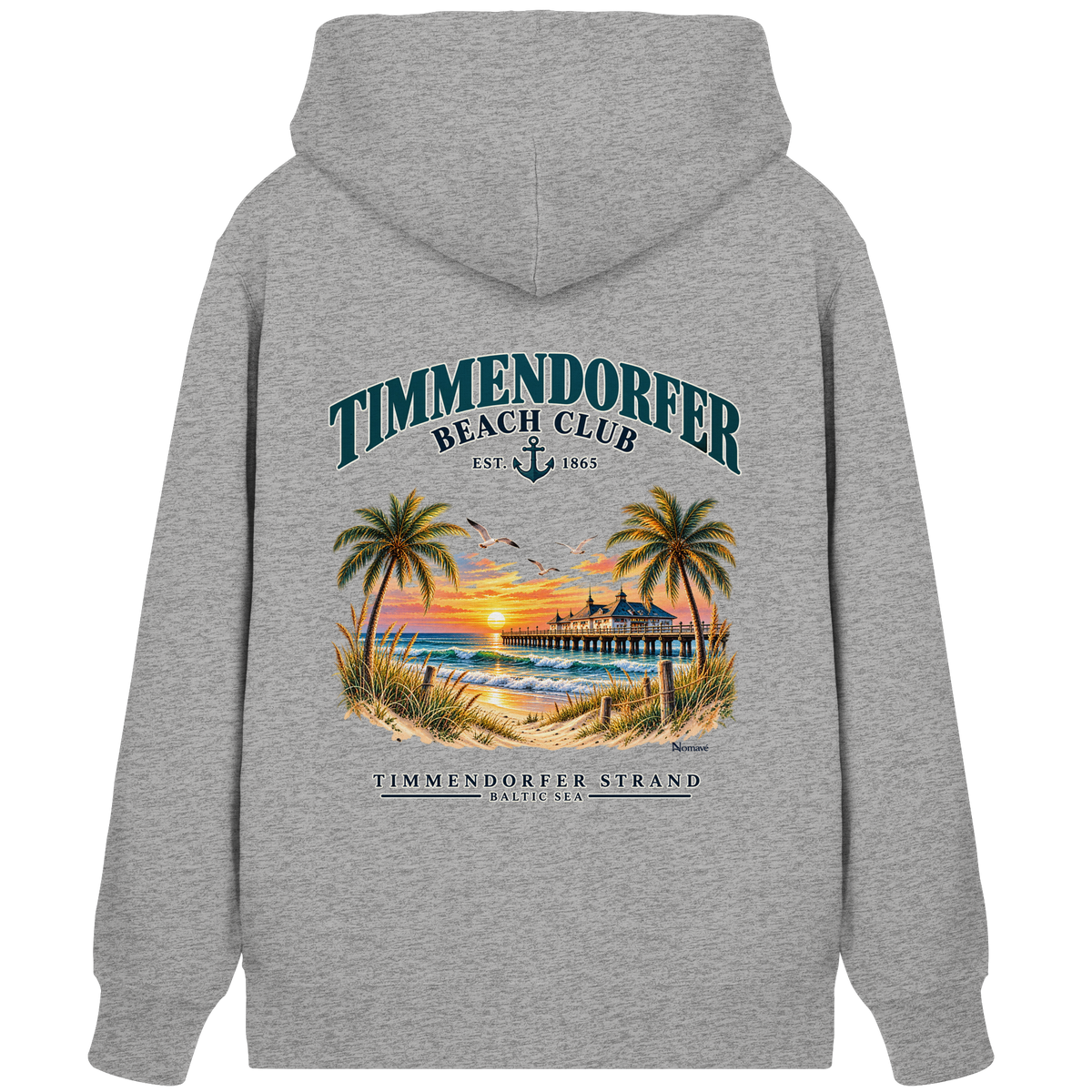 Originalmockup: Unisex Bio-Zipper-Kapuzenjacke in Heather Grey mit Timmendorfer-Beach-Club-Rückendruck, Rückansicht.