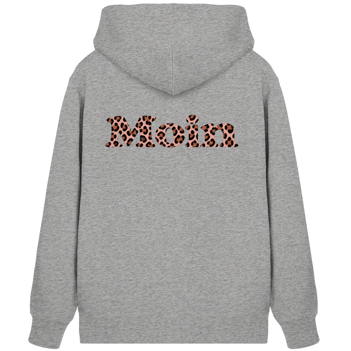 Bio-Zipper-Kapuzenjacke Heather Grey, Rückenansicht mit Moin Leo Blush Pink.
