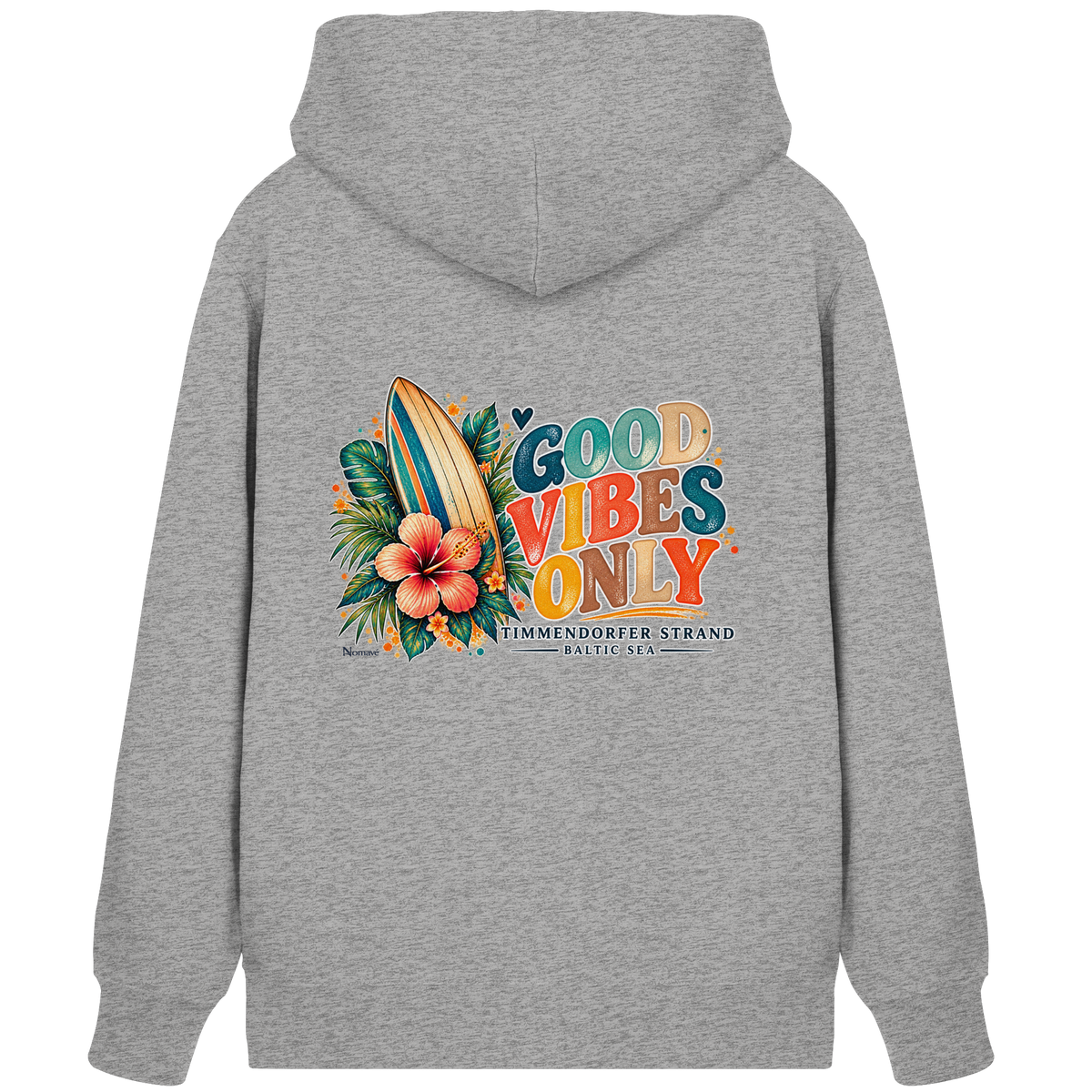 Timmendorfer Strand – Surf Vibes – Bio-Zipper in Heather Grey – Shirtigo-Katalog-Rückenansicht mit Surfboard- und Hibiskusmotiv.