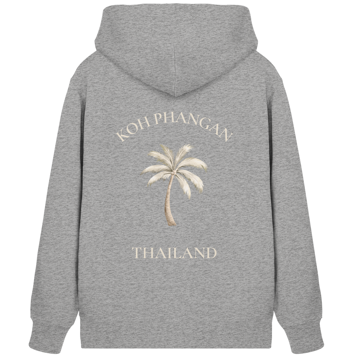 Bio Zipper Kapuzenjacke in Heather Grey, Original-Mockup der Rückenansicht mit Koh Phangan Mini Palm Backprint
