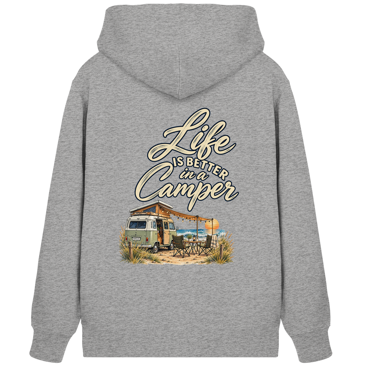 Bio Zipper Kapuzenjacke in Heather Grey mit „Life is better in a Camper“-Motiv – Rückansicht für Vanlife- und Campingfans