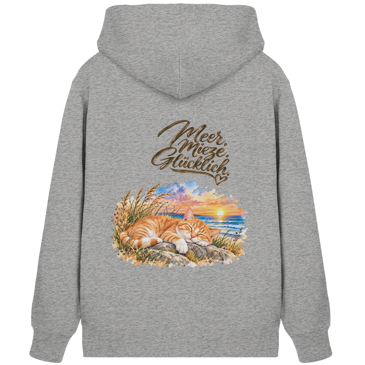 Unisex Bio-Kapuzenjacke in Heather Grey mit „Meer. Mieze. Glücklich.“ als Backprint – Original-Mockup