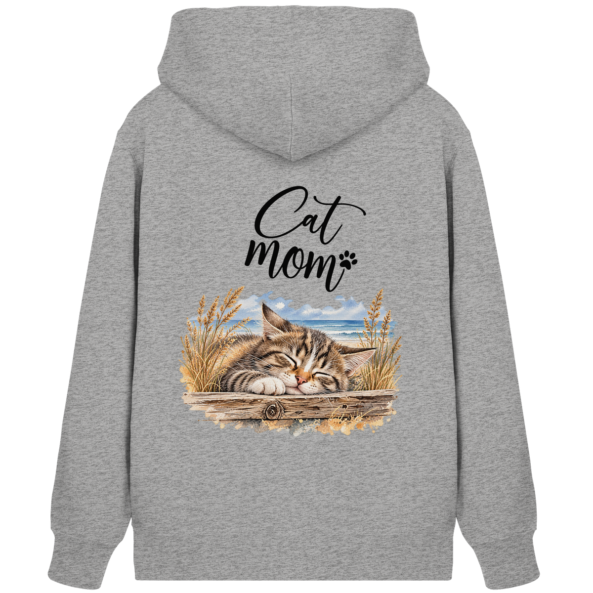 Bio-Zipper Cat Mom in Heather Grey – Rückenansicht mit Katzen- und Küstenmotiv als Backprint.