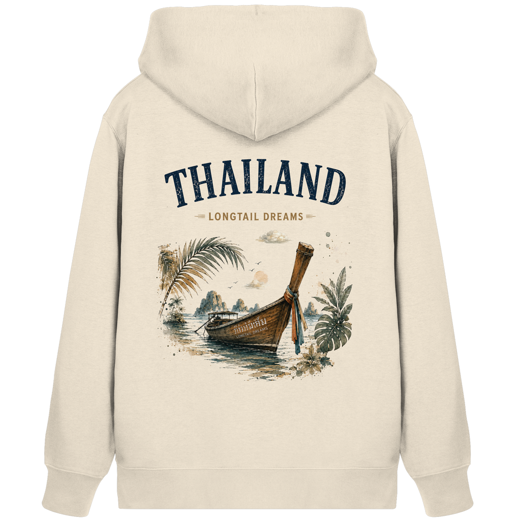 Naturfarbener Thailand Longtail Dreams Bio-Zipper mit Rückendruck