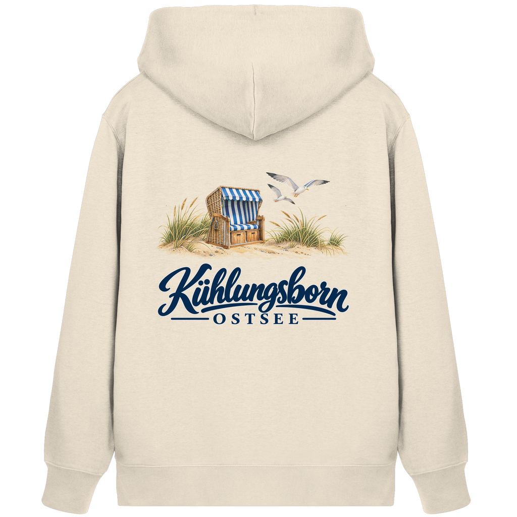 Bio-Unisex-Zipper mit Rückendruck Kühlungsborn – Strandkorb & Ostsee, Natural Raw, Shirtigo-Originalmockup der Rückseite mit Rückendruck.