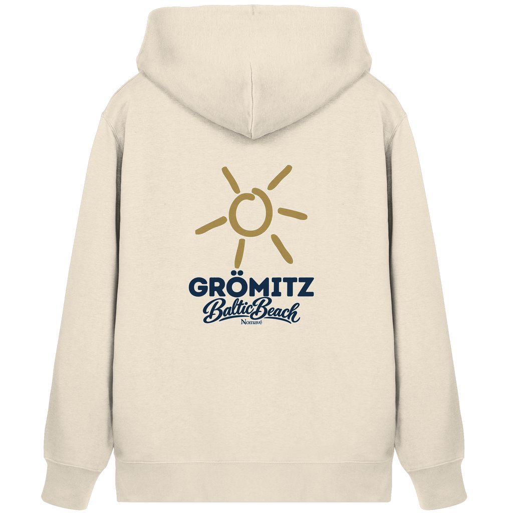 Zipper-Kapuzenjacke Grömitz Sonne Baltic Beach in Natural Raw – Rückendruck mit goldener Sonne, Shirtigo-Originalmockup 2